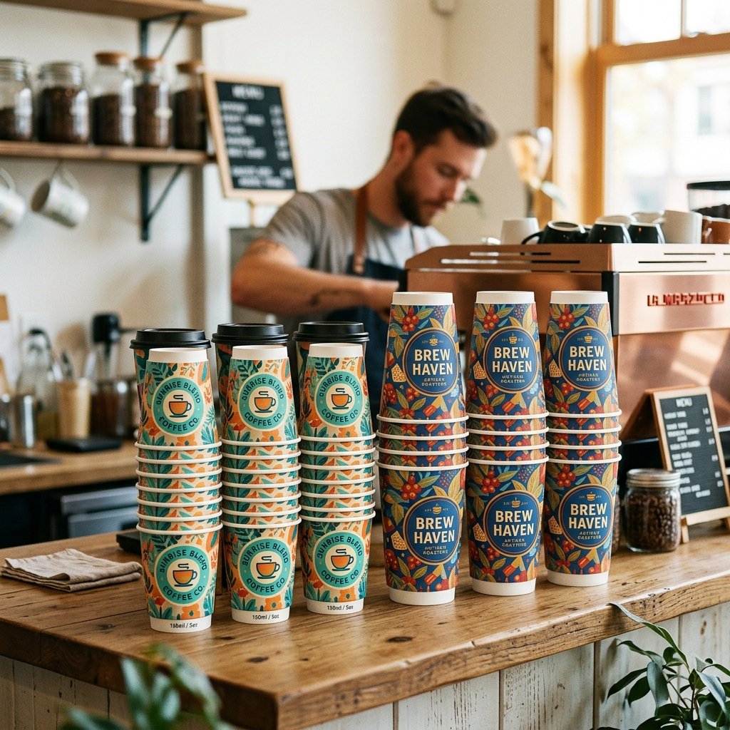 Custom printed paper cups cafe mockup