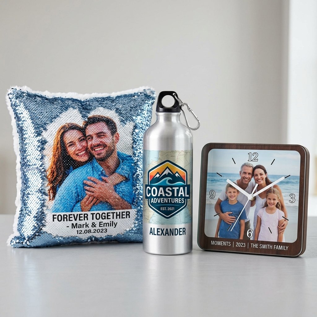 Personalized pillow and clock gift items mockup